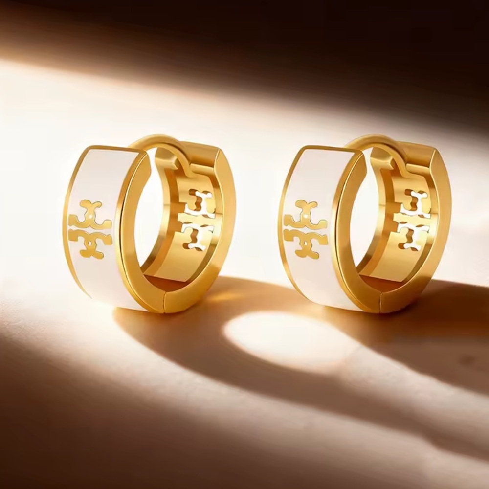 Gold and White Emblem Hoop Earrings